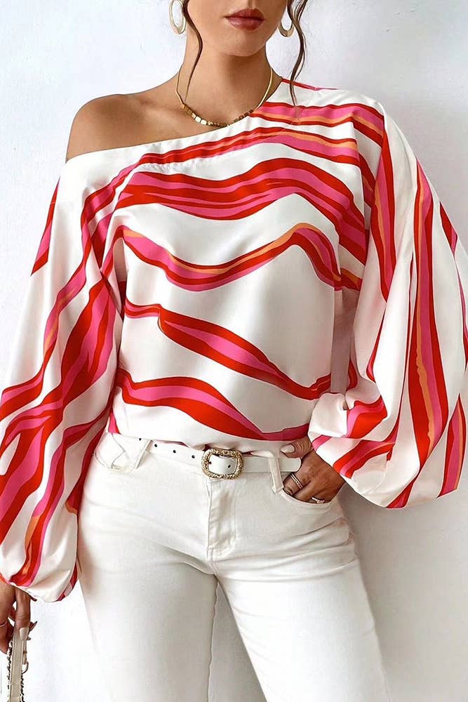 Scallop Stripe Print One Shoulder Blouse