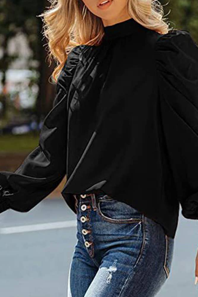 Plain Turtleneck Puff Sleeves Blouse