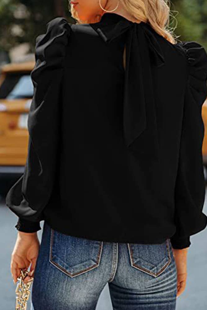 Plain Turtleneck Puff Sleeves Blouse