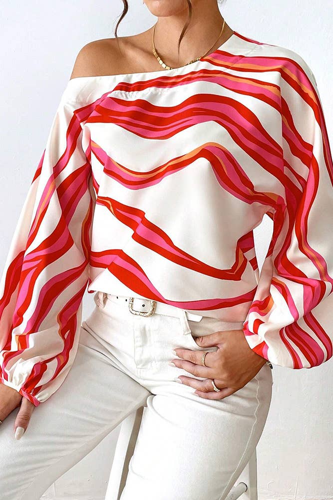 Scallop Stripe Print One Shoulder Blouse