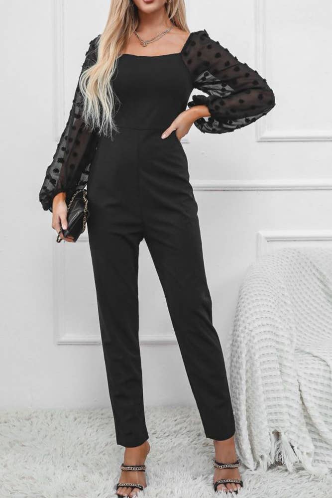 Black Polkadot Puff Sleeve Jumpsuit BFZY087: Black / M