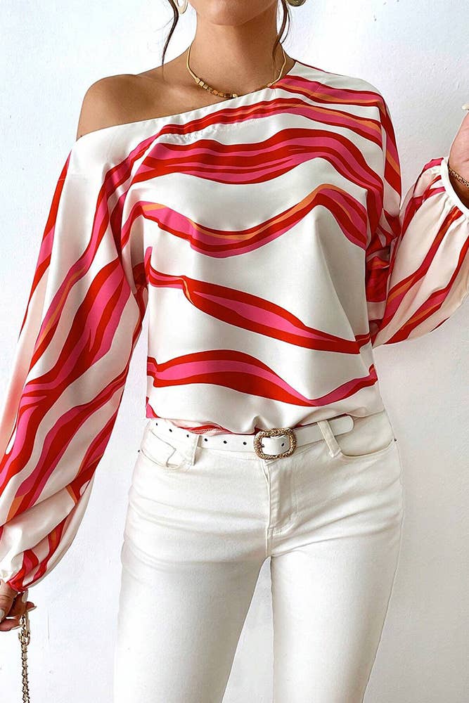 Scallop Stripe Print One Shoulder Blouse