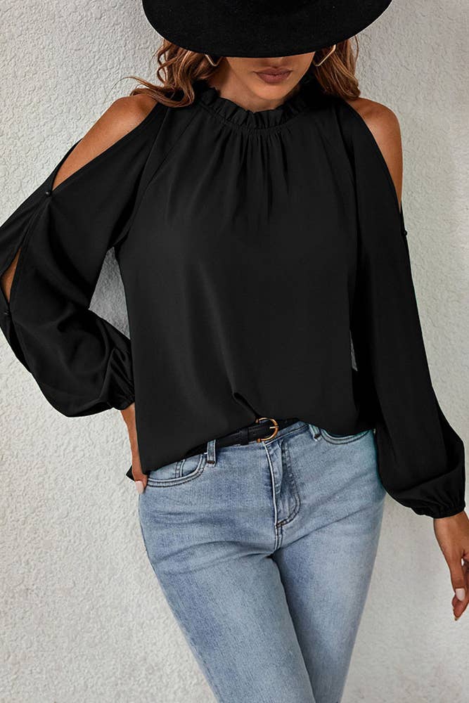 Cold Shoulder Puff Sleeves Plain Top