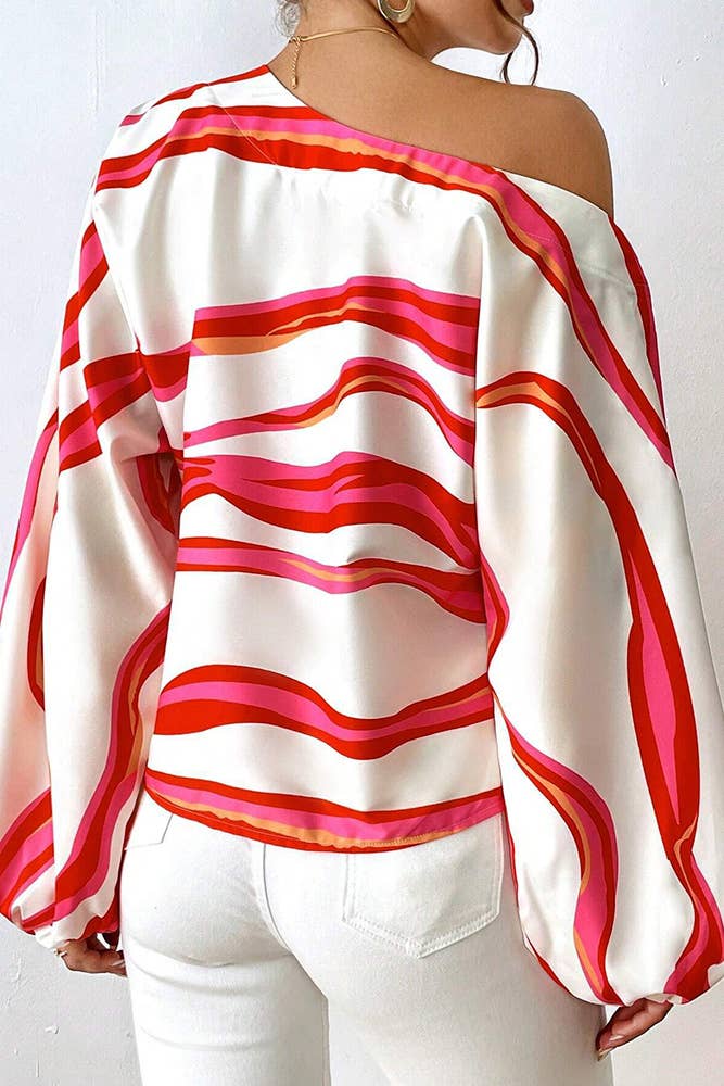 Scallop Stripe Print One Shoulder Blouse
