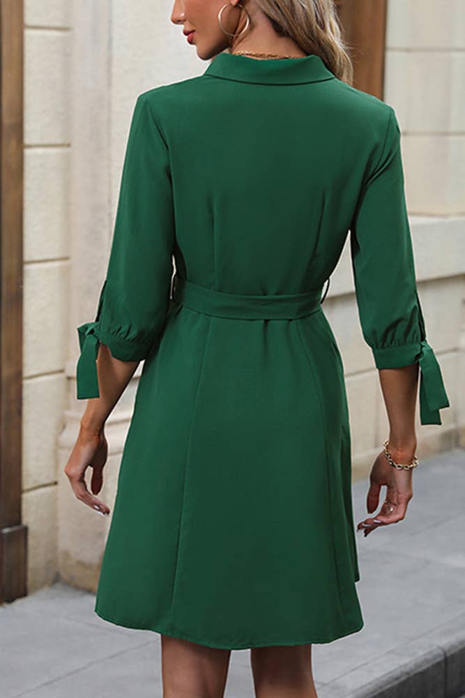 Green Button Up Tie Sleeves Mini Dress With Sash BFZY626: Green / M