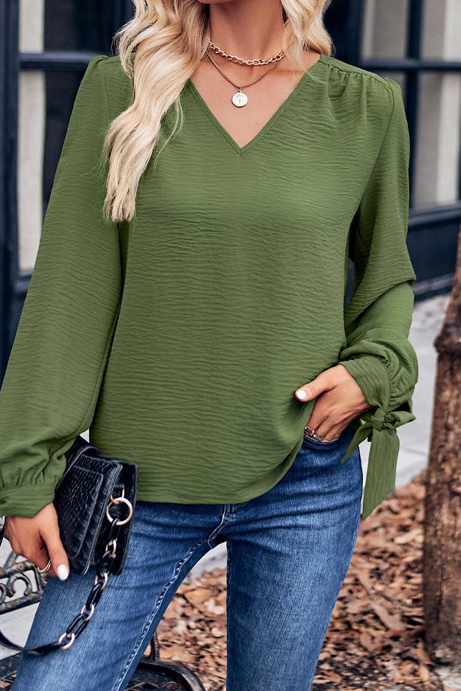 Plain V Neck Puff Sleeves Top SN201
