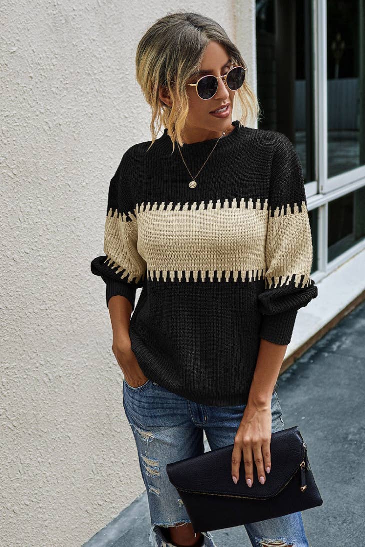Color Block Loose Mockneck Sweater