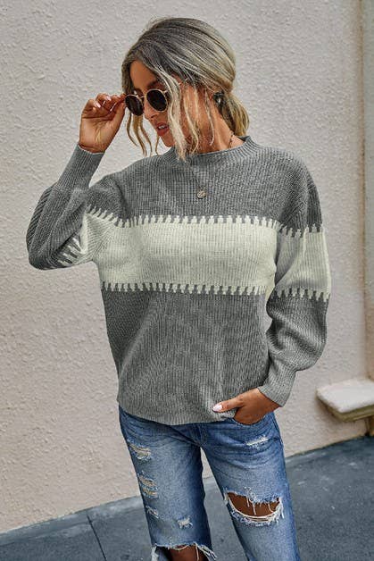 Color Block Loose Mockneck Sweater