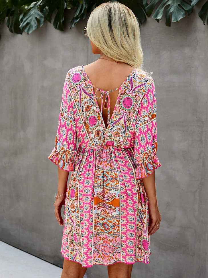 V Neck Half Sleeve Graphic Swing Dress