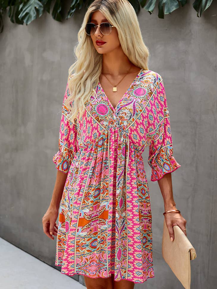 V Neck Half Sleeve Graphic Swing Dress