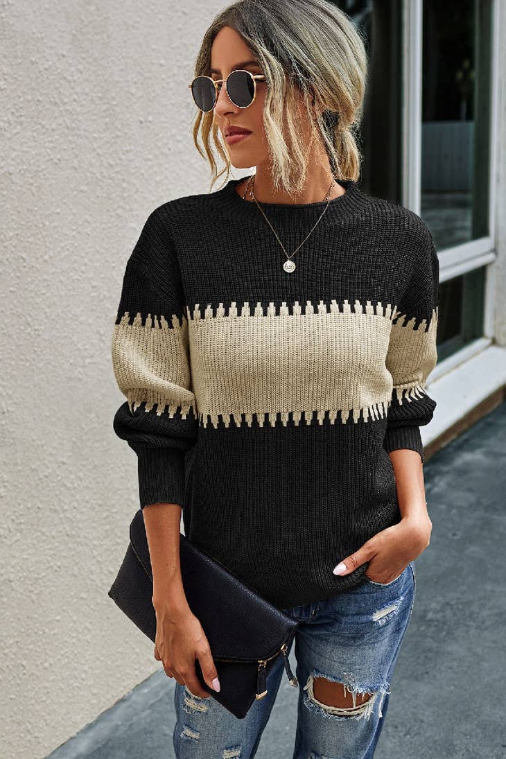 Color Block Loose Mockneck Sweater