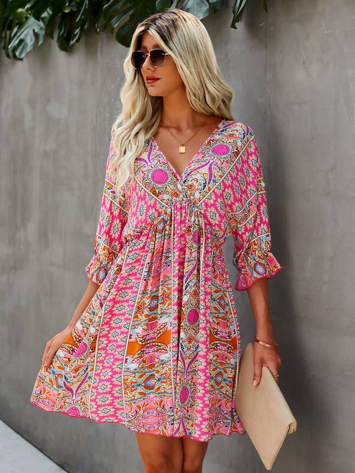 V Neck Half Sleeve Graphic Swing Dress