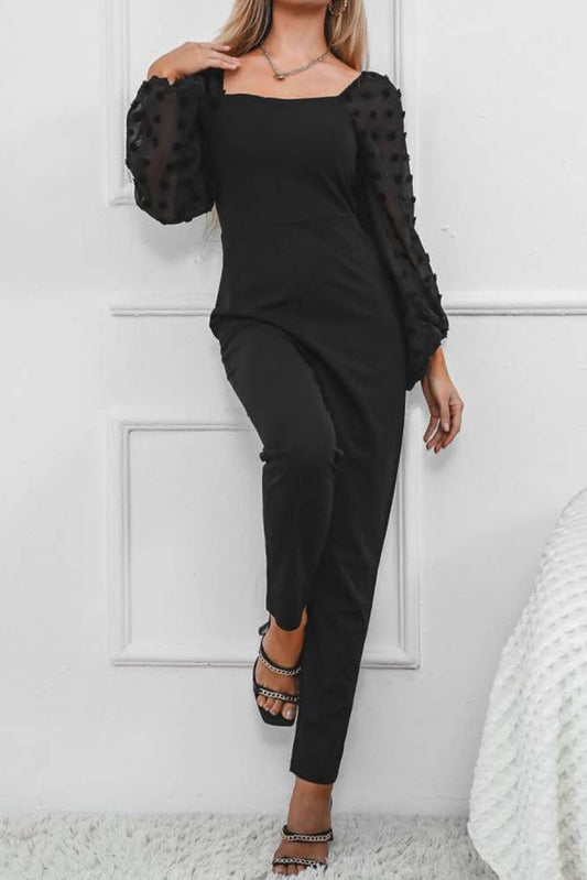 Black Polkadot Puff Sleeve Jumpsuit BFZY087: Black / M