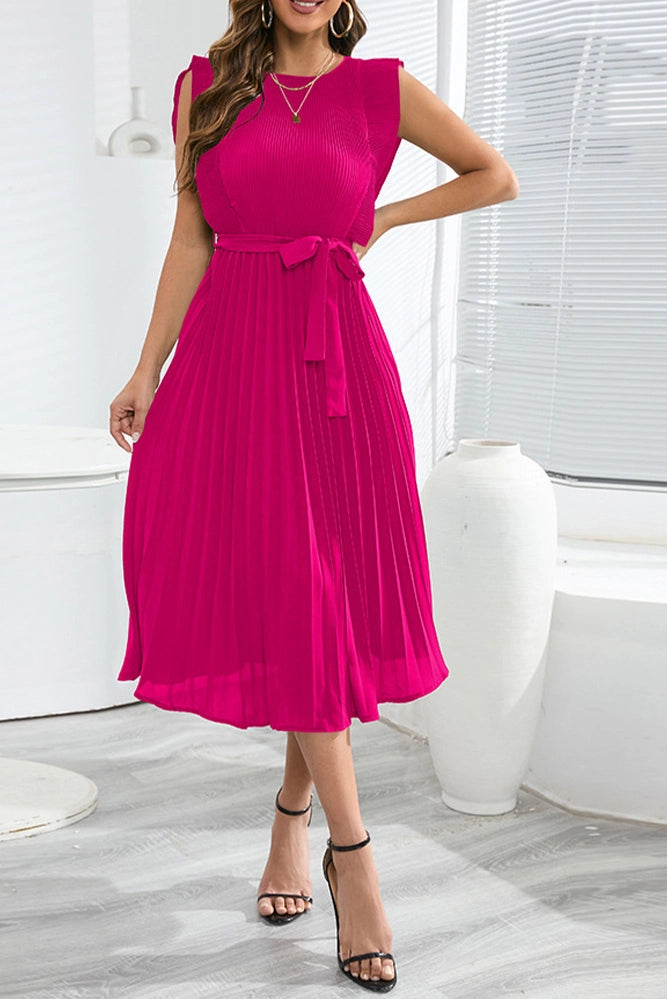 Plain Flutter Sleeves Pleated Maxi Dress With Sash Standard Home & Living Plain Flutter Sleeves Pleated Maxi Dress With Sash Standard Home & Living