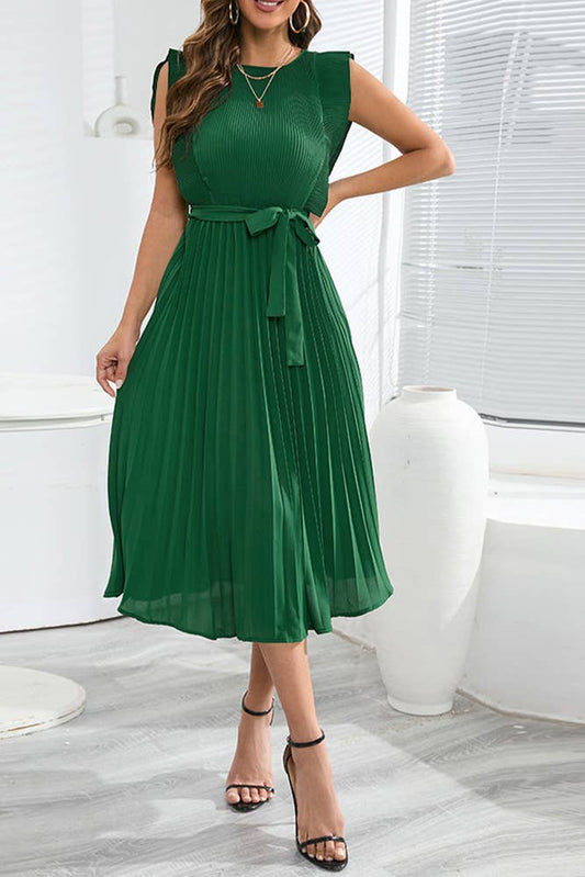 Plain Flutter Sleeves Pleated Maxi Dress With Sash